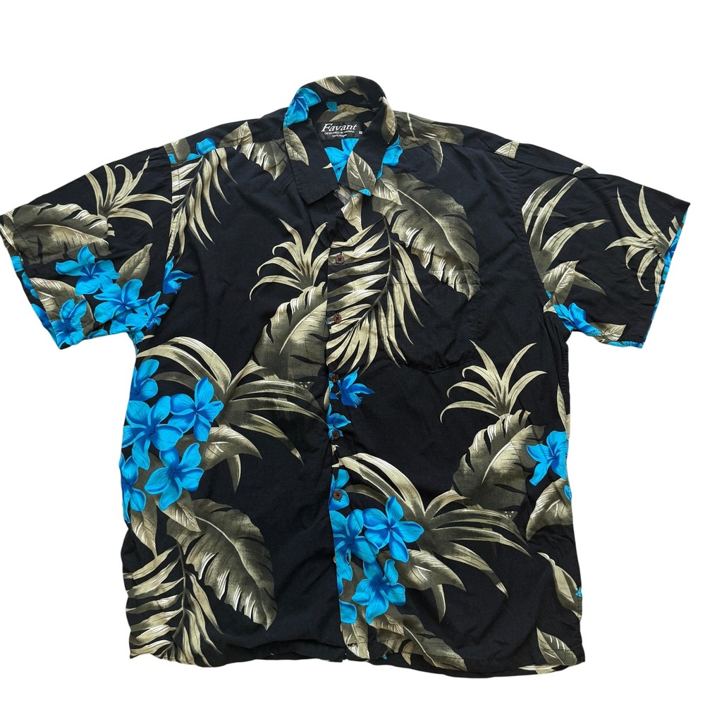 Favant Mens XL Black Blue Floral Aloha Hawaiian Shirt Short Sleeve Rayon